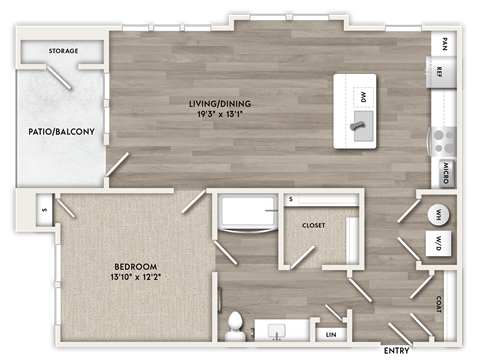Floor plan for 1 bed, 1 bath, 877 sqft